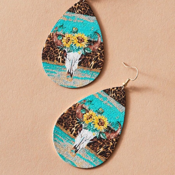 Boho Gypsy Sunflower Teal Drop Earrings - Picture 2 of 4